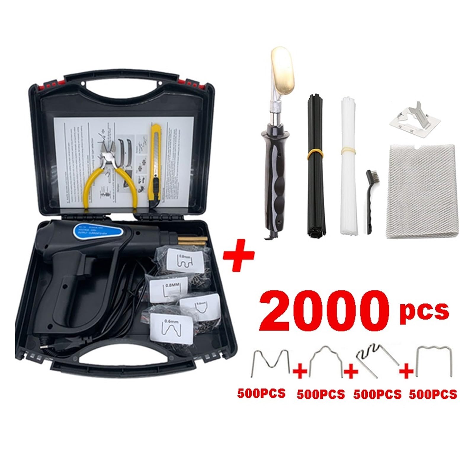 70W Gorące Zszywacze Spawarka Tworzyw Sztucznych Maszyna Samochodowa Pistolet Spawalniczy PVC Lutownica Do Plastikowego Zderzaka Samochodowego Zestaw Naprawczy Do Warsztatu Mocny(Black Kit 2000 Pcs)