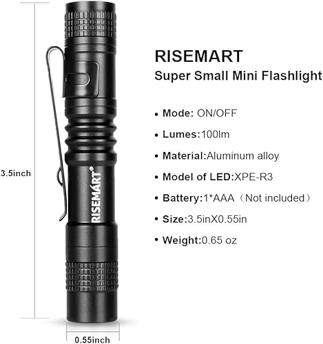 Miniatura 3 de RISEMART Super pequeña mini linterna AAA 100 lúmenes ultra brillante pluma luz bolsillo clip táctico antorcha lámpara (3.5 pulgadas)