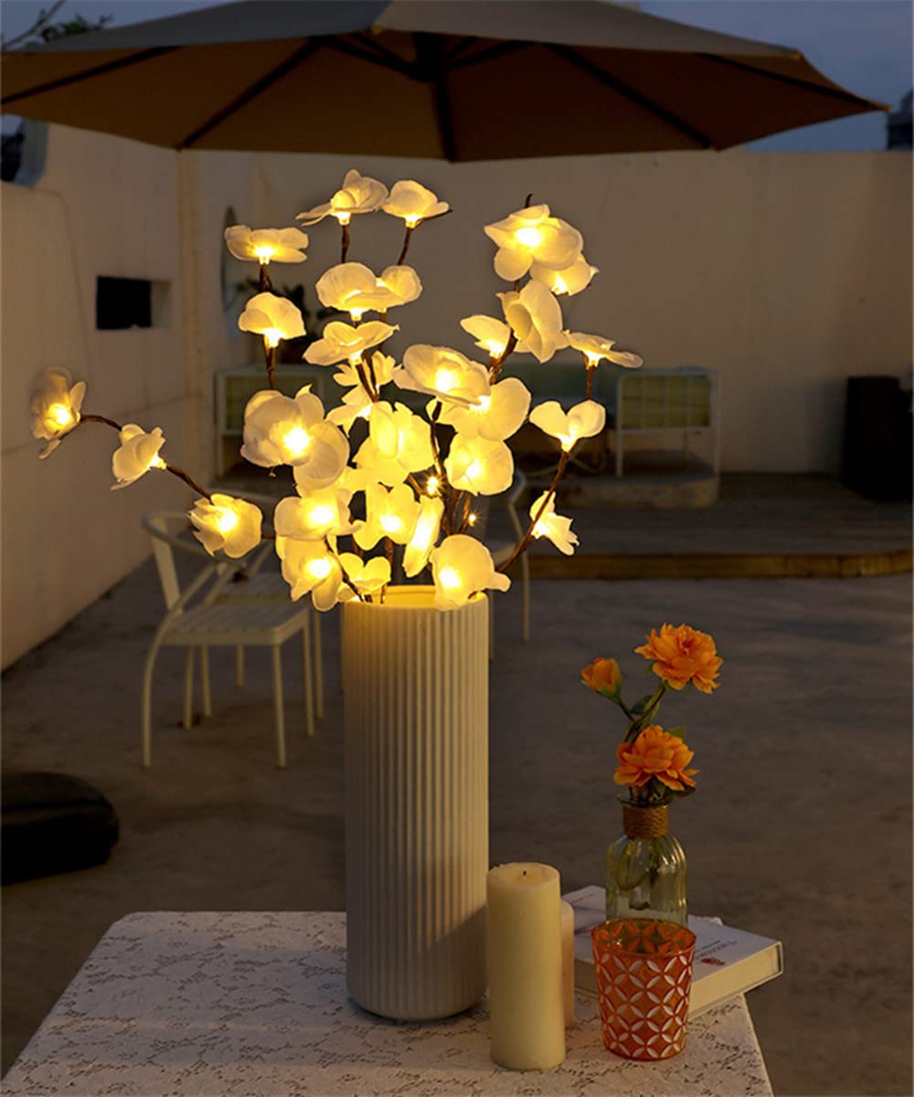 Fantasee White Orchid Twig Lights, 30 Inch 20 LED Artificial Phalaenopsis Branch Lights Battery Powered Decor Lights for Home Shop Windows Vase Wedding Christmas (2 Packs, Whtie)