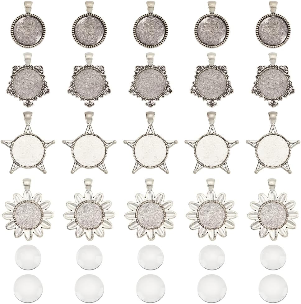 NBEADS 84 Pcs 4 Styles Blank Pendant Makings, 40 Pcs Star Flower Pentagon Pendant Blanks Alloy Trays Bezel Settings with 42 Pcs Glass Cabochons for Cameo Resin Photo Jewelry, Antique Silver