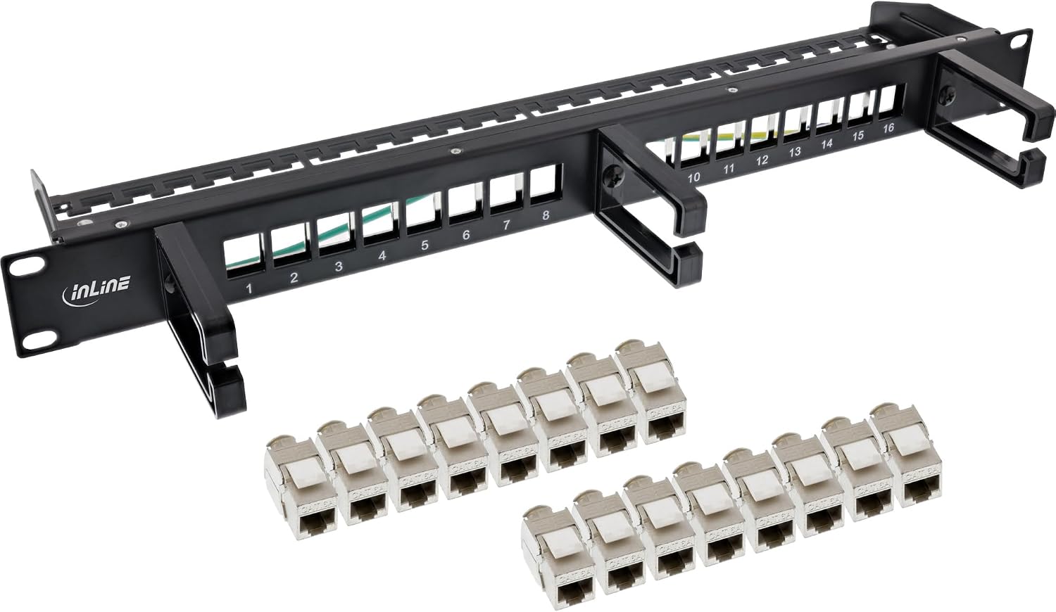 InLine Patch Panel Cat.6A 16-Way - 19 Inch 1U 16 Keystone Ports 10Gb/s & PoE++ Integrated Cable Management Robust Metal Housing Black 76822D