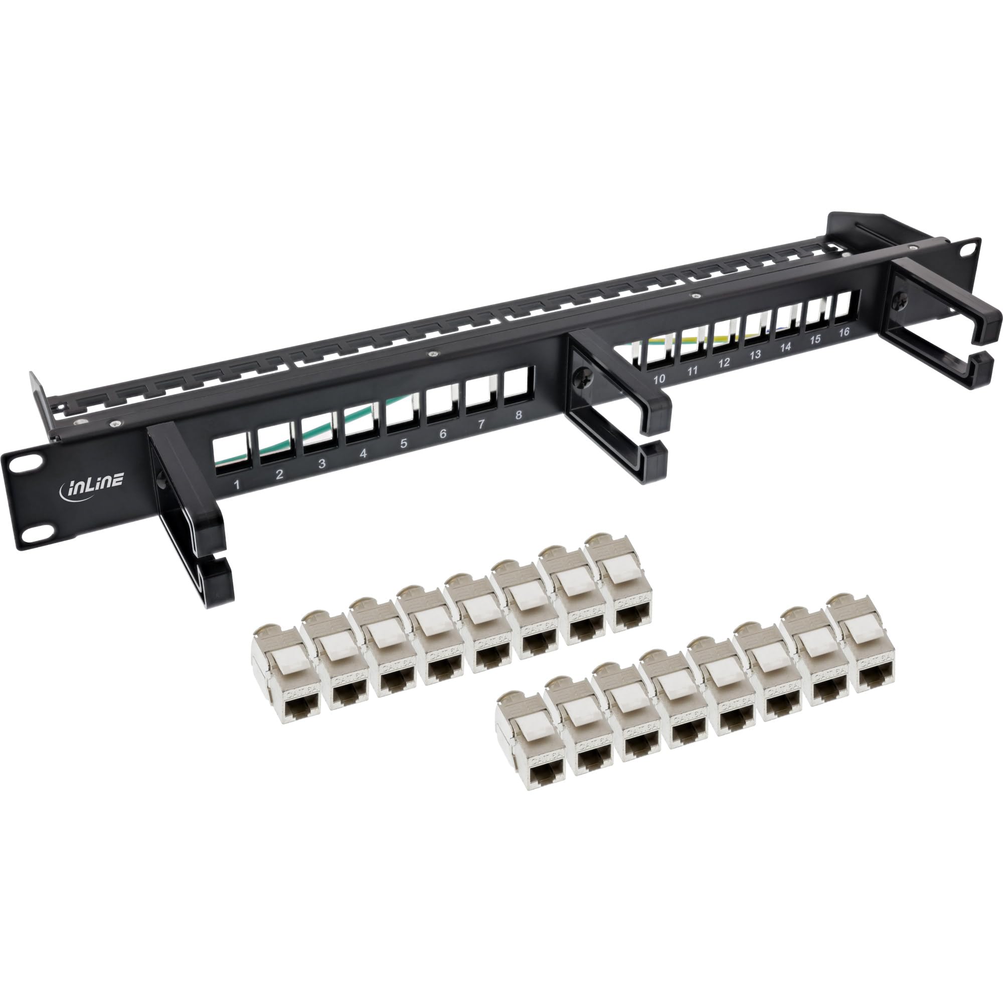 InLine Patchfeld Cat.6A 16-Fach – 19" 1HE, 16 Keystone-Ports, 10Gb/s & PoE++, Integrierte Kabelführung, Robustes Metallgehäuse, schwarz, 76822D