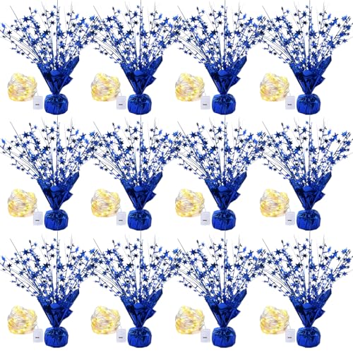 12 Pack Metallic Foil Spray Centerpiece with LED String Lights Star Table Decoration Burst Table Centerpieces for Birthday Graduation Wedding Anniversary Holiday Party Supplies Decor, Blue