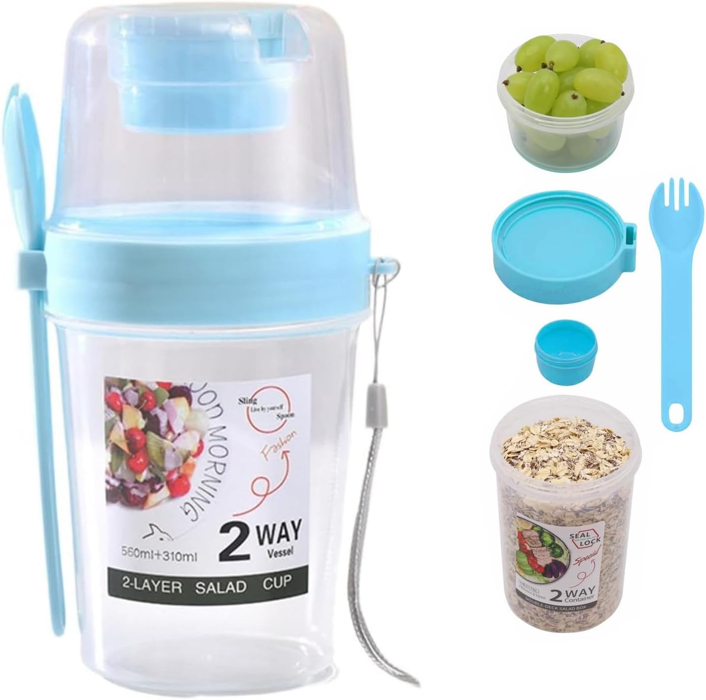 Keep Fit Salad Meal Shaker Cup, Portable Fruit and Vegetable Cups with Fork & Dressing Holder - Blue