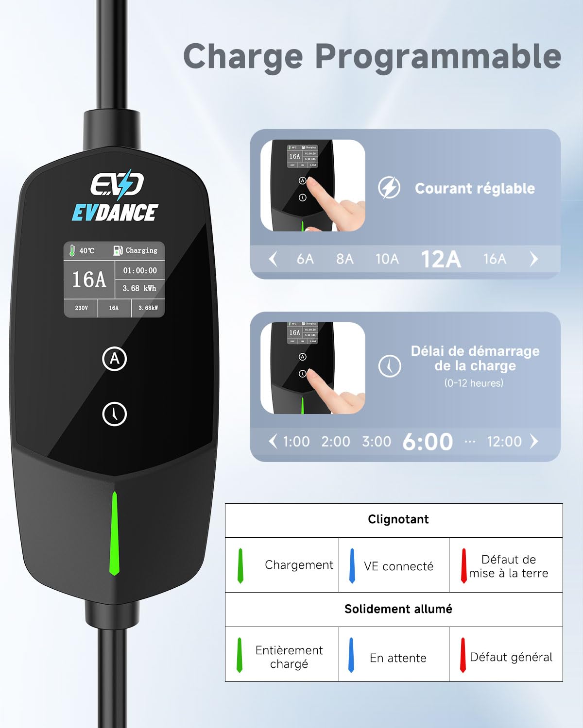EVDANCE Chargeur Voiture Electrique 3,68KW, 6-16A, 0-12h Programmable, 6,1m | 6-16A Intensité Réglable, 0-12h Charge Différé, Câble Recharge Voiture Électrique Type 2, Étanche IP66, pour EV IEC 62196-2