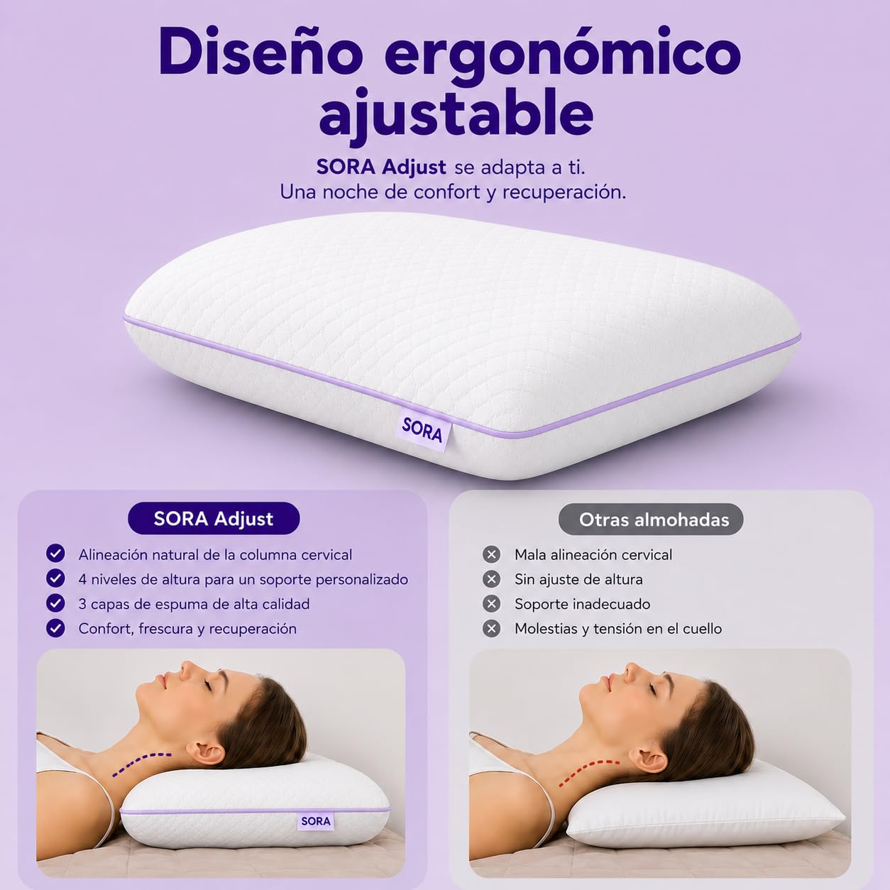 BUDWING Sora Almohada Viscoelástica Ajustable - Altura y Firmeza Regulables - Gel Refrescante, Espuma Suave y Carbón Activo - Funda Lavable - Almohada Ortopédica Cervical 69x39x14cm (1)