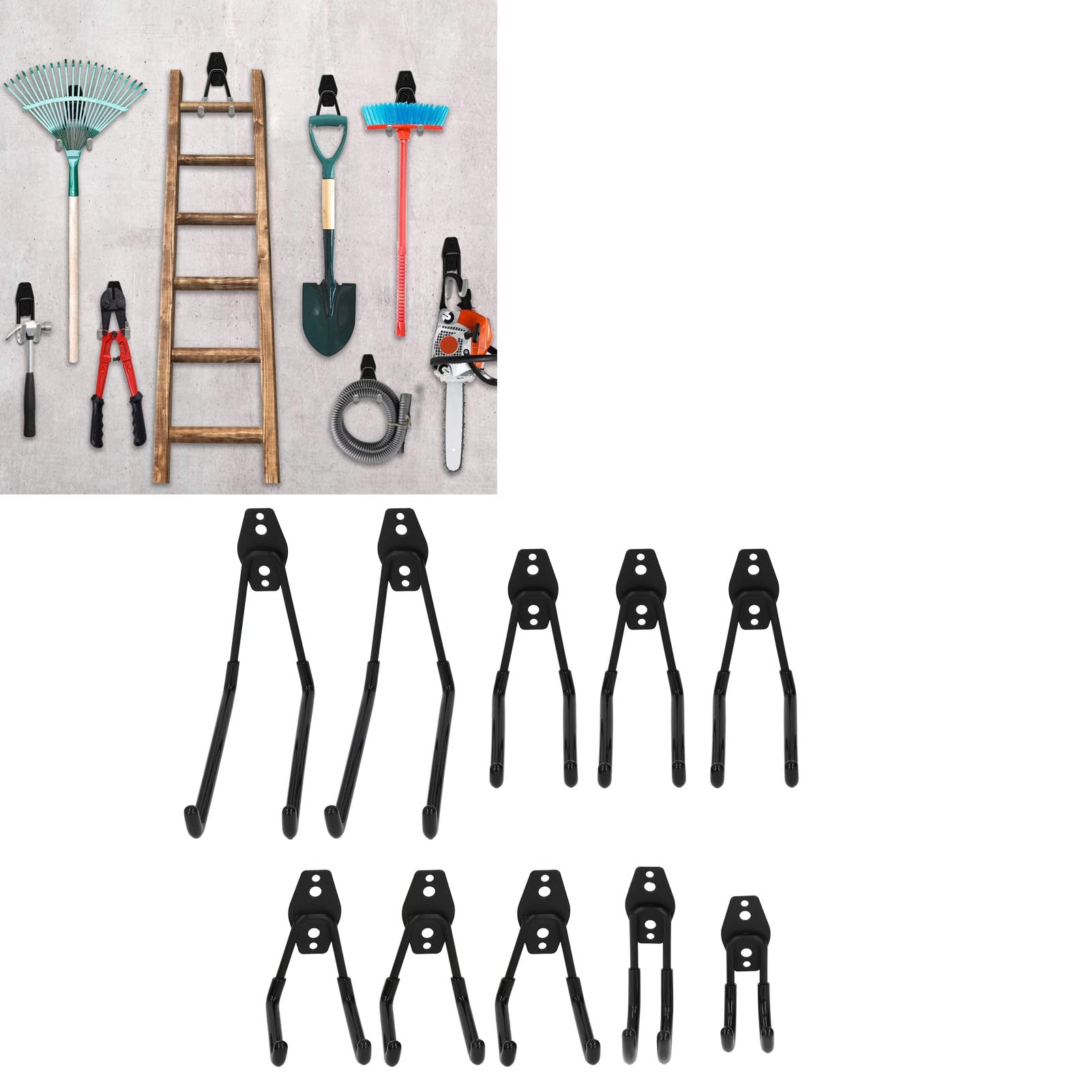 NDNCZDHC 10PCS Ladder Hooks for Garage Wall, Double Hook Design Lawn Tool Organizer for Garage Includes Screws