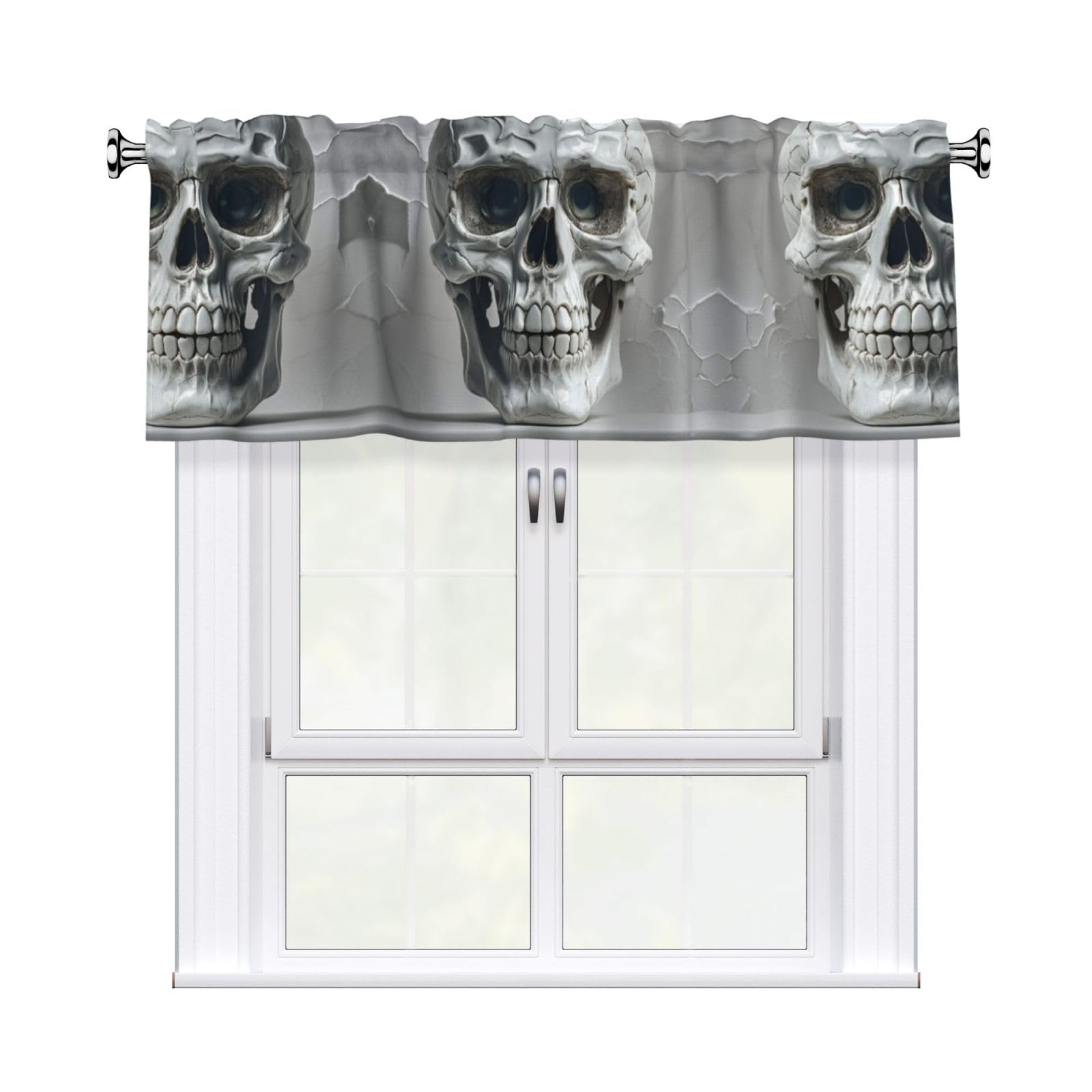 LMNGH White and Gray Skull Graphics Curtain Valance for Windows,Kitchen Window Curtains Blackout Drapes Window Treatments Decorative Rod Pocket Short Curtain for Living Room Bedroom,54" W x 18" L