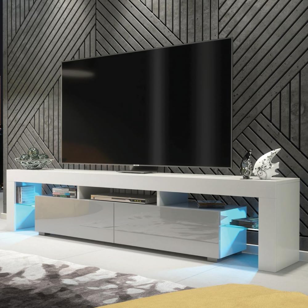 Creative Furniture TV Unit 200cm White Modern Stand Grey Gloss Doors + LED