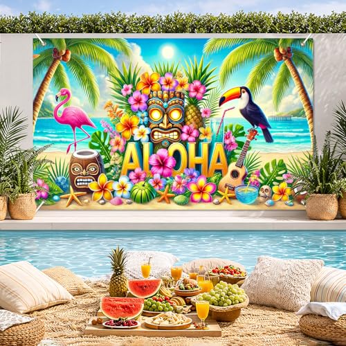 Image of BlissYard Aloha Banner 71 x 43 Inch Hawaiian Luau Backdrop Tiki Mask Flamingo Toucan Tropical Beach Summer Party Decorations Photo Booth Background Wall Decor