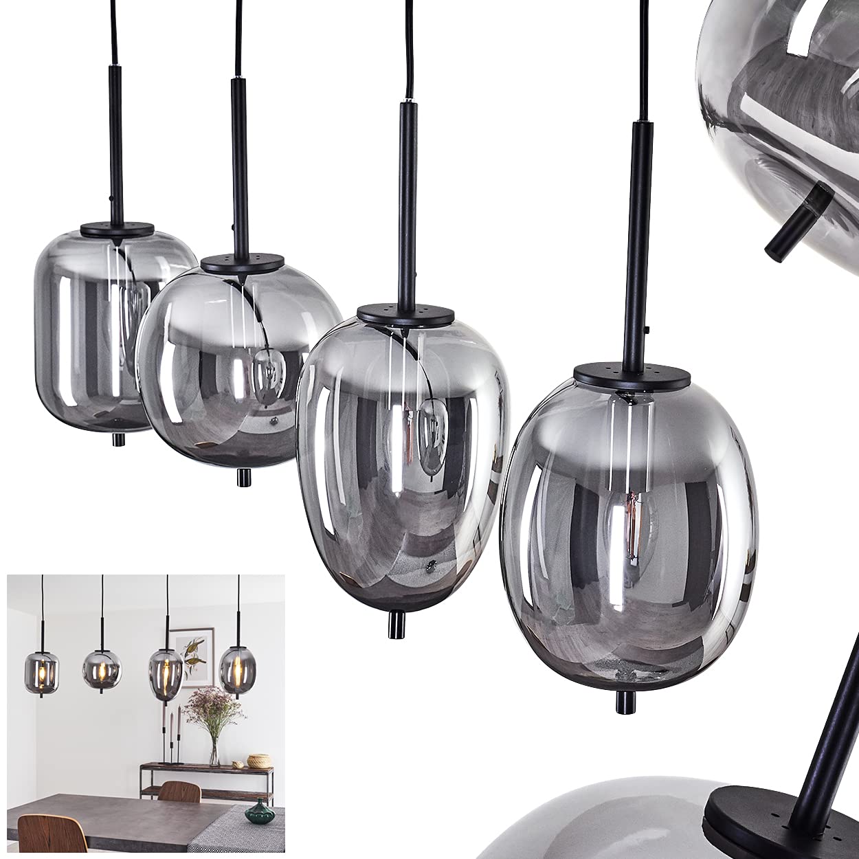 HOFSTEIN Hängeleuchte Verbania, 4-flammige Hängelampe aus Metall/Glas in Schwarz/Chrom-/Rauchfarben, moderne Leuchte im Retro/Vintage-Design, Höhe max. 120 cm, E14, Esszimmer, Küche, Wohnzimmer