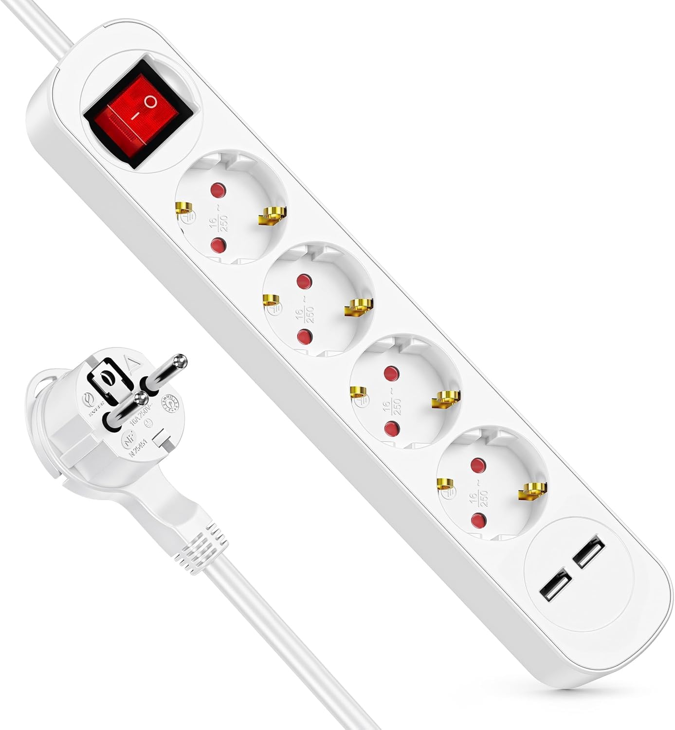 6-in-1 Steckdosenleiste mit 4 AC Steckdosen & 2 USB-A, 5M Kabel Flacher Stecker Überlastschutz Wandmontage Mehrfachstecker für Zuhause, Büro & Reisen Kompatibel