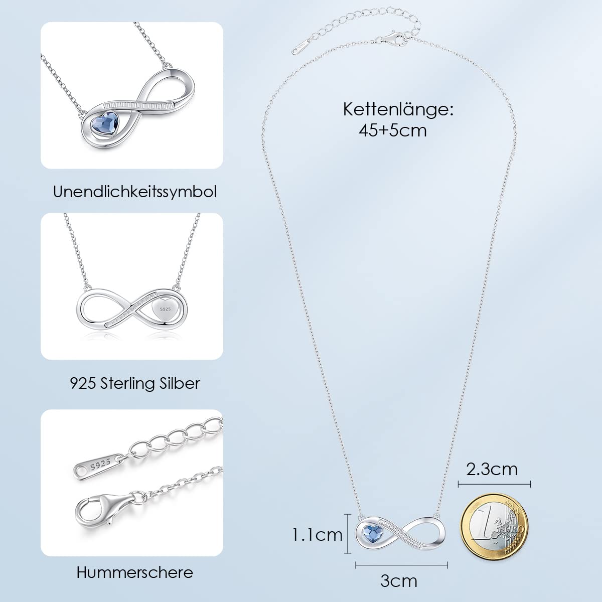 LOUISA SECRET Kette Damen mit Infinity Herz Halskette Geburtsstein Anhänger, 925 Silber Halskette für Frauen, Geburtstag Valentinstag Weihnachten Muttertag Schmuck Geschenke für Frauen Freundin Sie