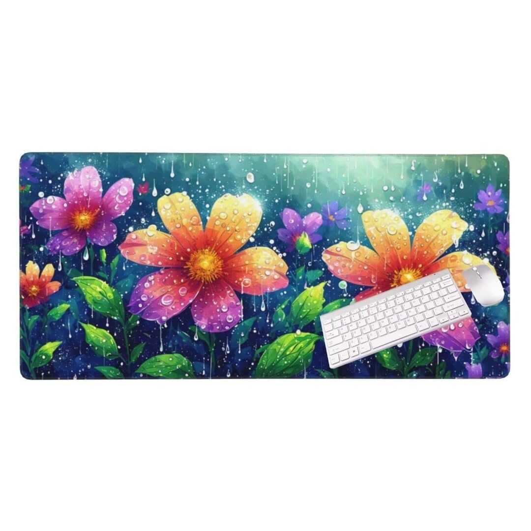 Alfombrilla de ratón 1400x600x3 MM, Alfombrilla Ratón XXL Extendida de Gran Tamaño con Bordes Cosidos, Base de Goma Antideslizante Almohadilla para Teclado, Flores después de la lluvia S-12233