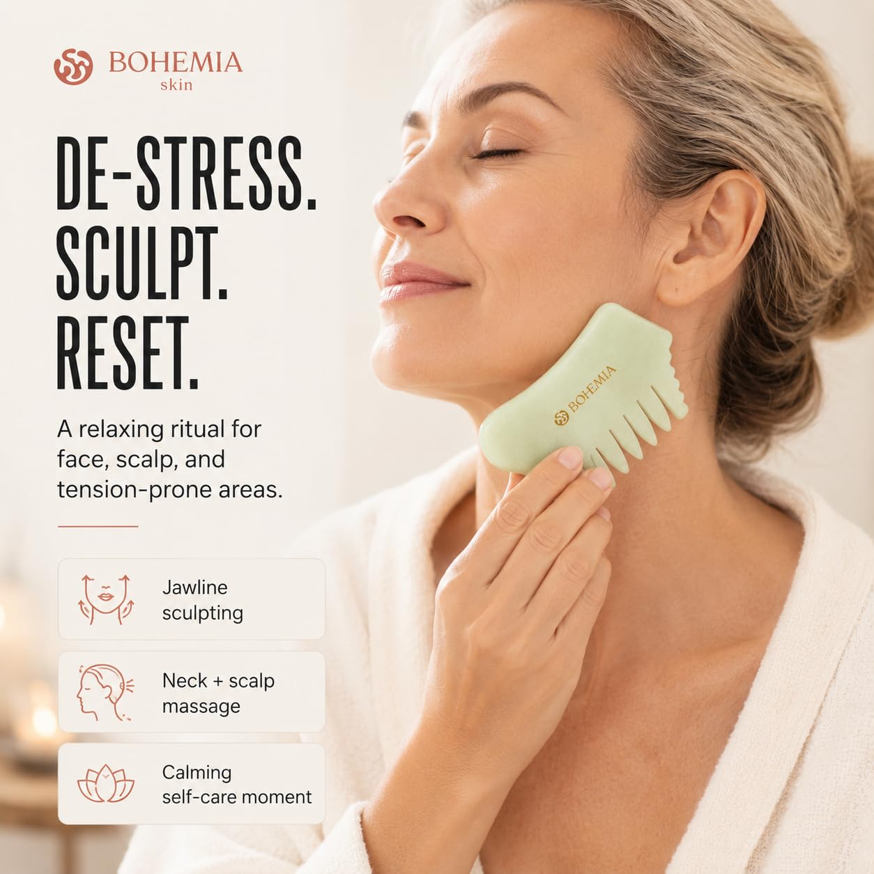 Bohemia Skin Jade Gua Sha Peine para el cabello y masajeador facial, auténtica herramienta facial Gua Sha para dar forma a la mandíbula, masaje del cuero cabelludo, drenaje linfático y cuidado de la