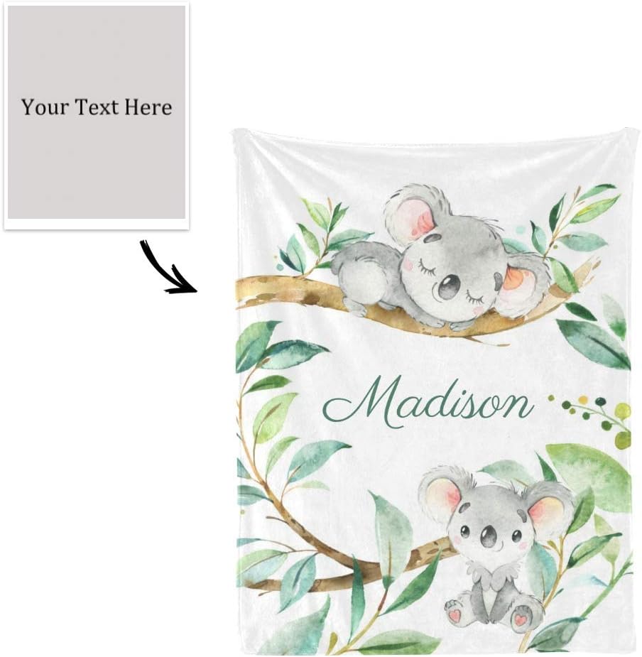 Koala Green Neutral Personalized Receiving Baby Blankets for Girls Boys with Name,Customized Swaddle Blankets Gift for Newborn Crib Infants 30x40 Inches