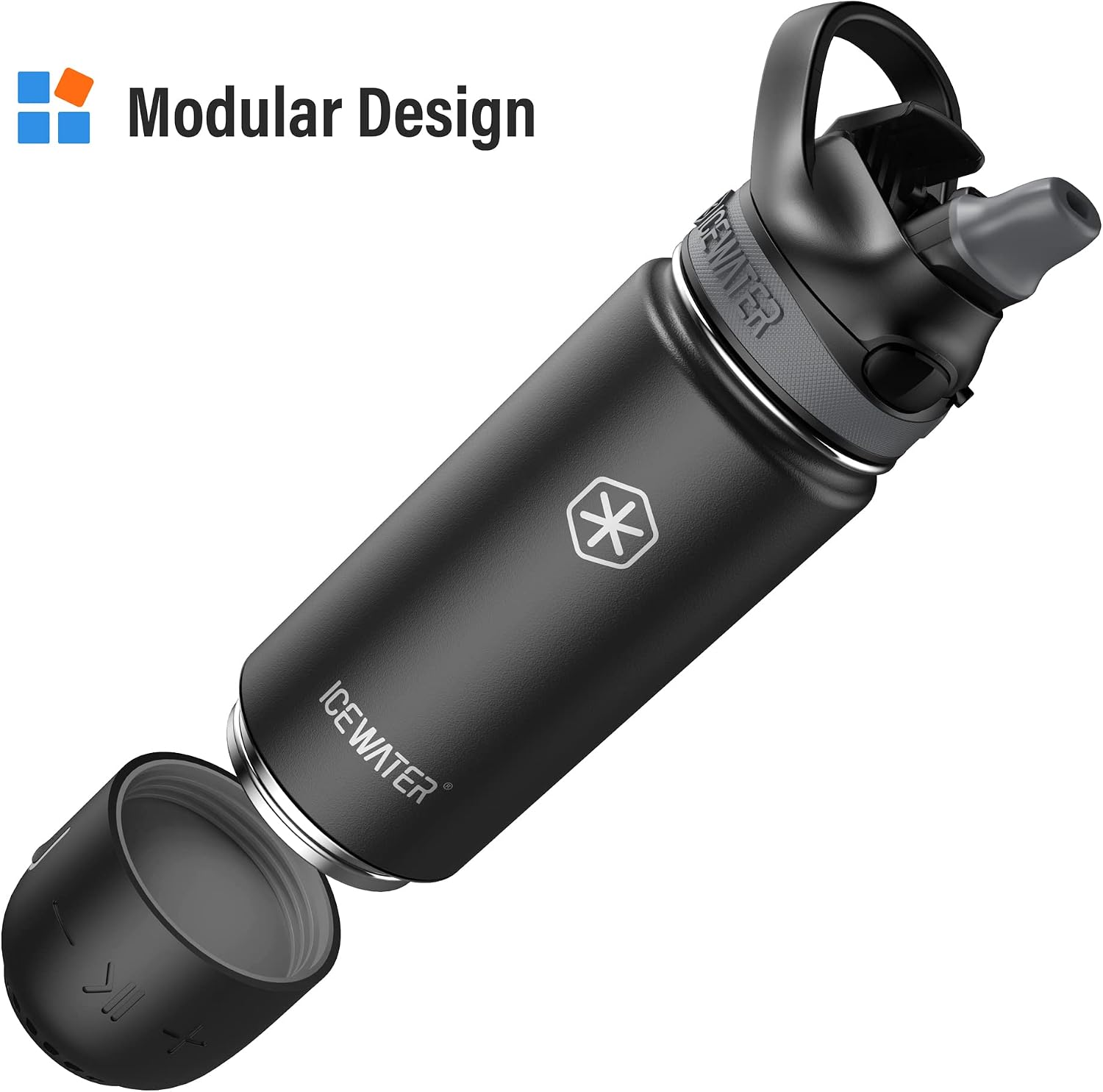 ICEWATER 3-in-1 Smart Water Bottle, Great Brithday Gift, Glows to Remind You to Keep Hydrated, Play Music & Dancing Lights, Vacuum Insulated, Stainless Steel, 18 oz (Insulated-Straw Lid, Black)