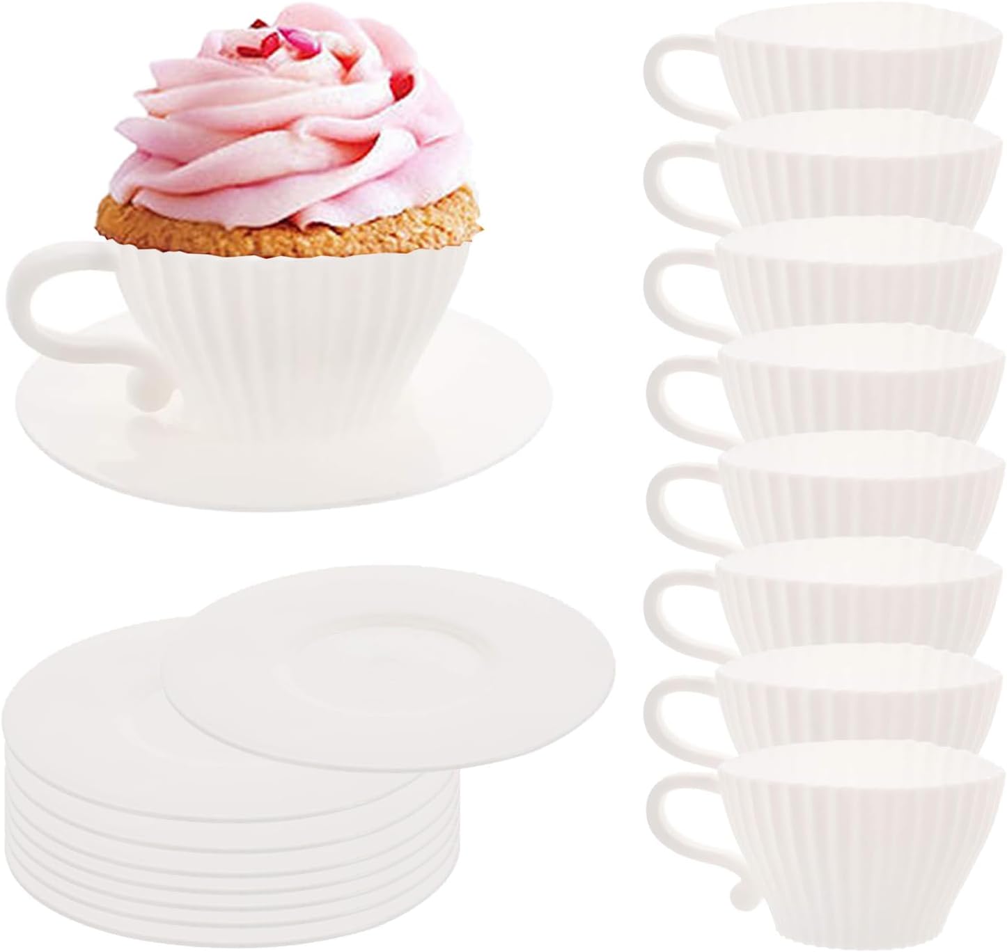 Silicone Muffin Cups for Baking, 16 Pcs Teacup Cupcake Liners, Reusable Muffin Liners, Silicone Cupcake Baking Cups, 8 Cups & 8 Saucers, White