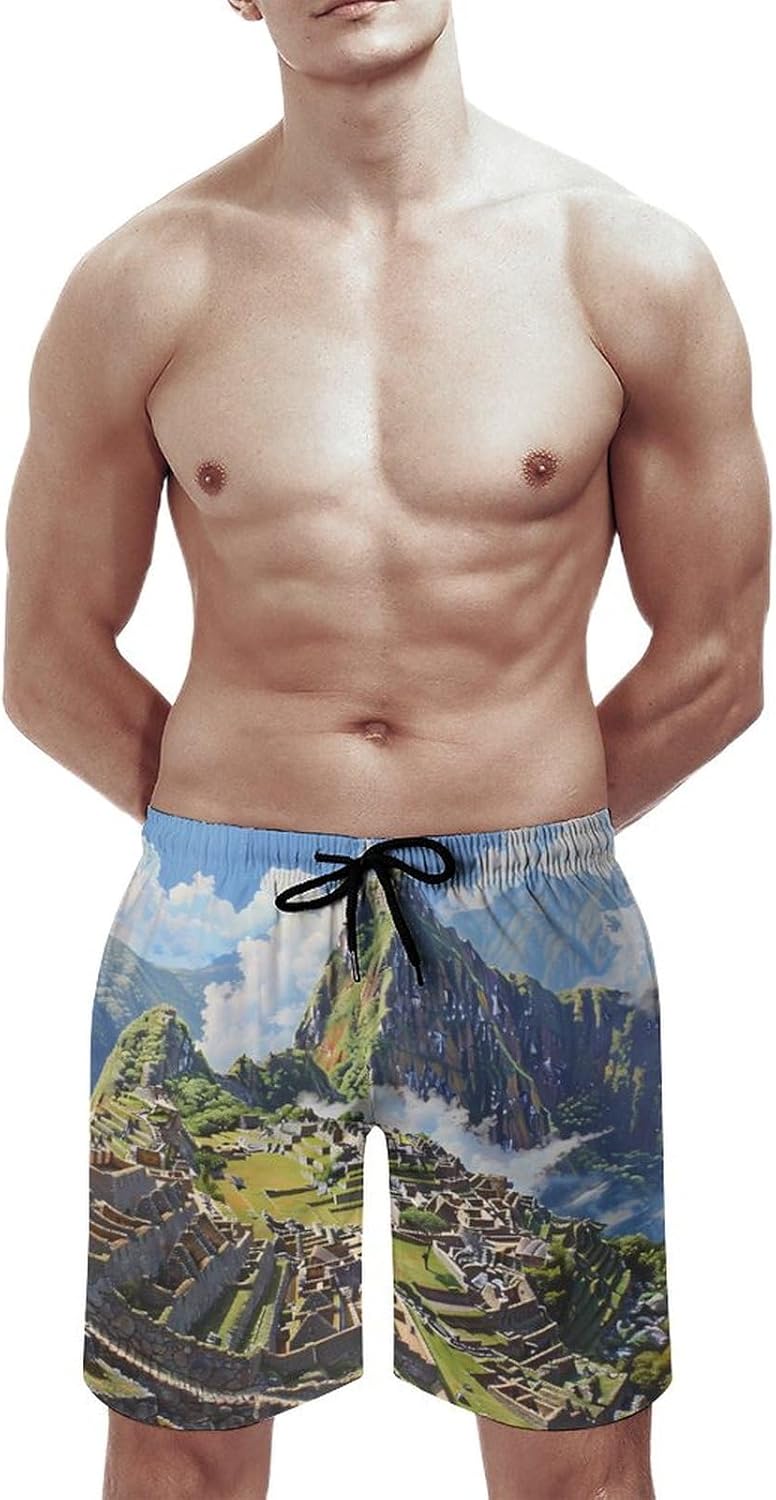 Machu Picchu Landscape Casual Men's Swim Trunks Novelty Summer Beach Shorts Swimwear with Pocket