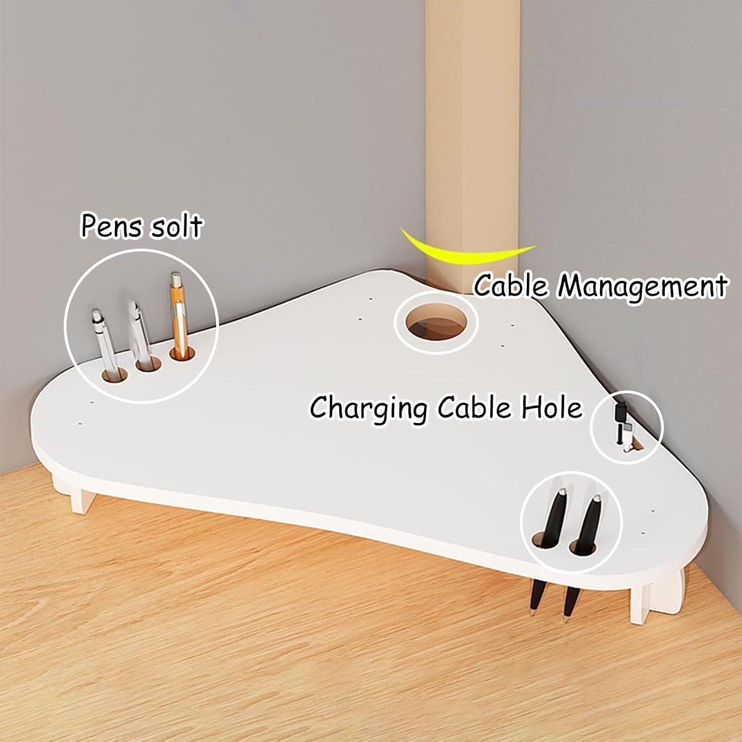 Podstawka pod monitor komputerowy/trójkątny, narożne białe podstawki z uchwytami na długopisy i otworem na kabel, ergonomiczna trójkątna półka na biurko