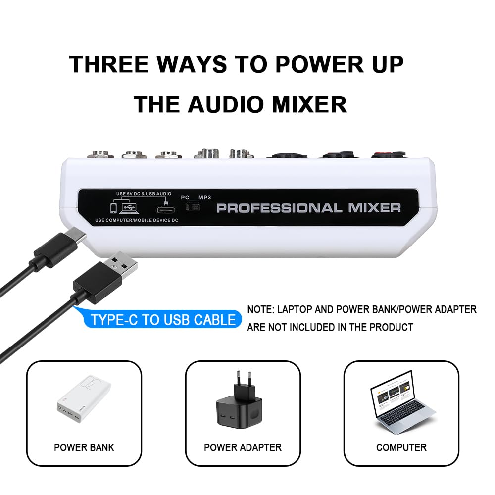 BOMGE Mikser audio, konsola miksująca z 5-kanałowym cyfrowym efektem opóźnienia echa, USB, Bluetooth, 48 V, Phantom Power, stereo, DJ mikser do nagrywania, transmisji na żywo, podcastów (BM-05-W)