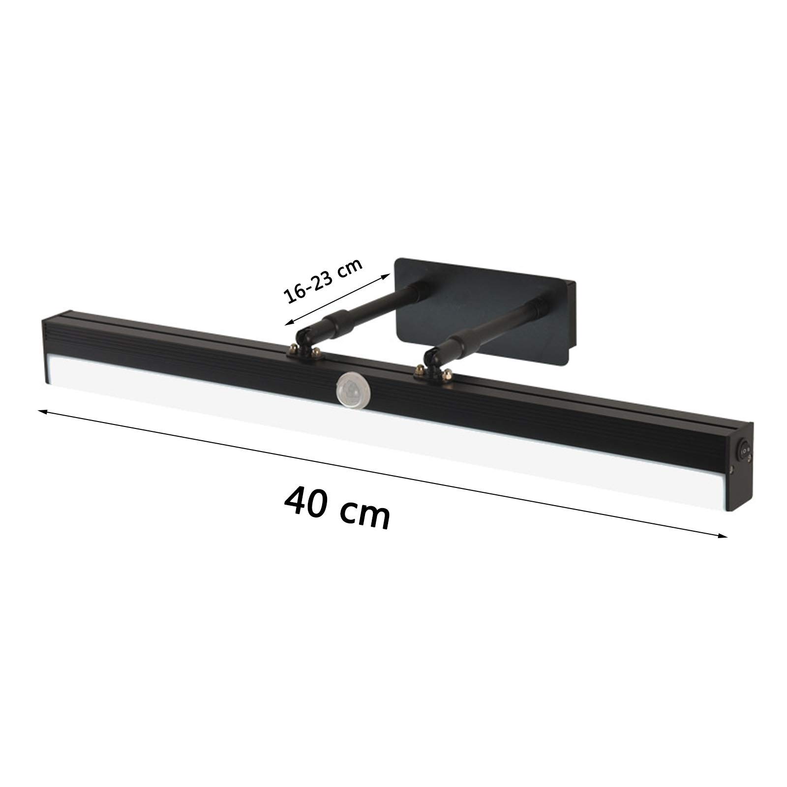 Luces de espejo de baño con interruptor, luz frontal de espejo de tocador LED negro con sensor de movimiento y cabezal de lámpara giratorio de 180 °, luz de maquillaje de metal de 3000 K para tocador