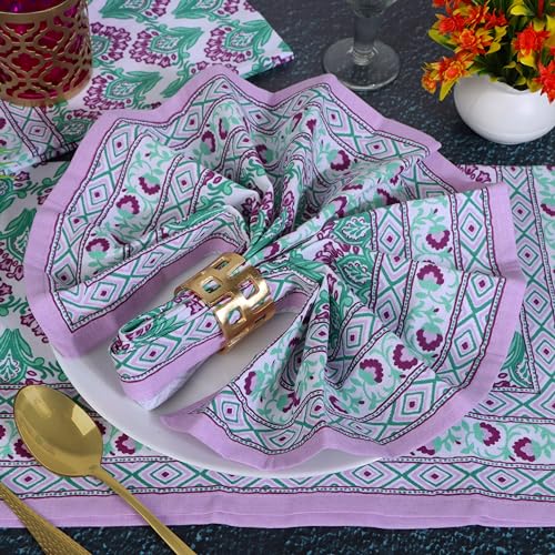 Image of FINGERCRAFT Printed Cloth Napkins Cotton Linen Blend Dinner Table Napkins Perfect for Parties Dinners Weddings Cocktail Christmas Napkins 20x20 Inches (Border Design Orchid)