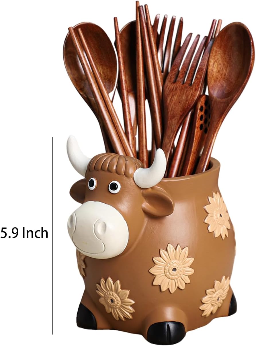 Resin Cow and Sunflower Embossed Kitchen Utensil Holder, Large Cooking Utensil Crocks for Countertop