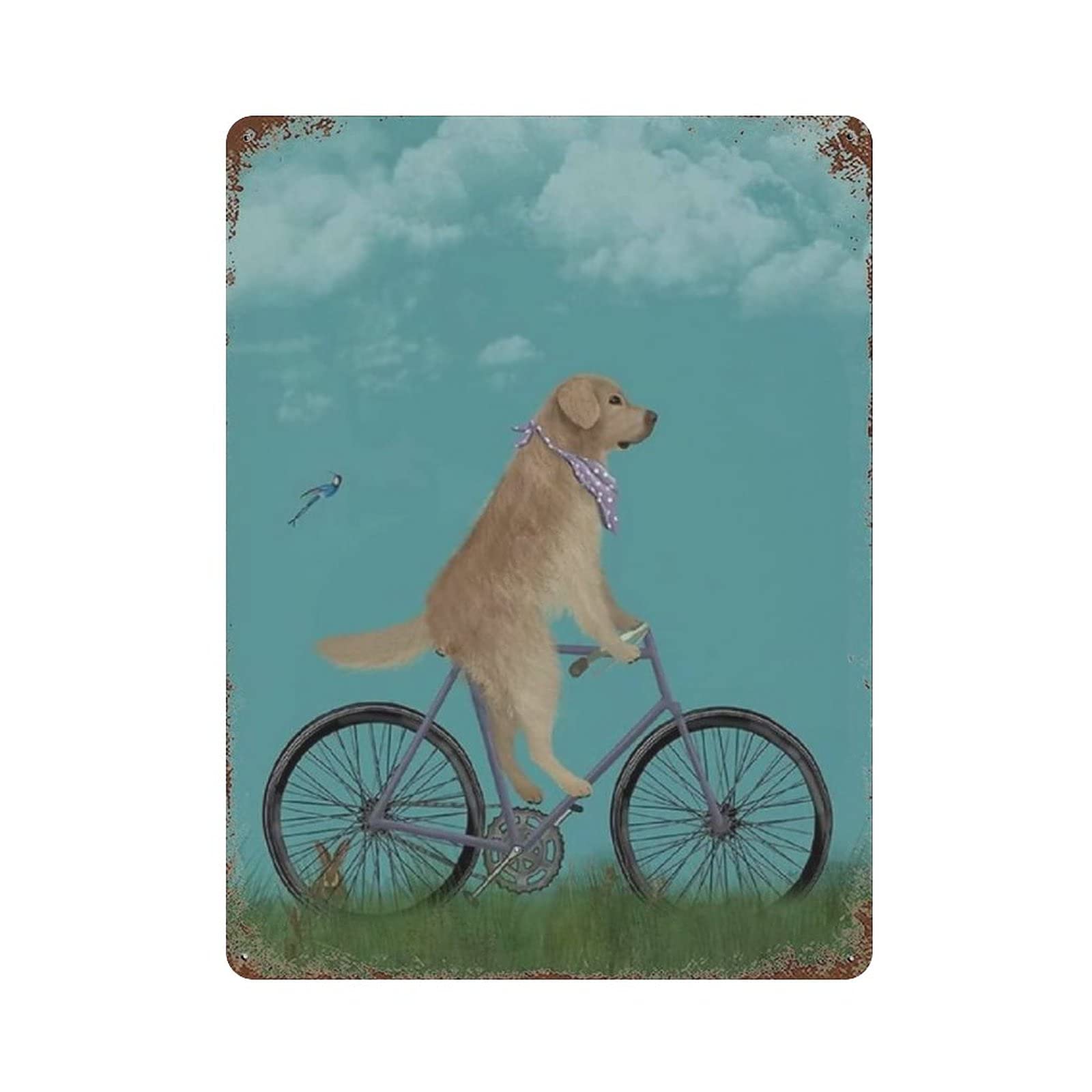 Metal Tin Sign Dog Bicycling Bike Vintage Tin Poster Metal Sign Wall Decoration Country Kitchen Home Garage Decor 16"x12"