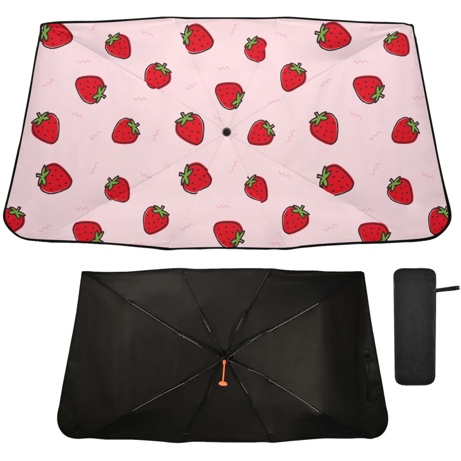Oarencol Cute Strawberry Pink Windshield Sun Shade Umbrella Foldable Car Front Window Sunshade Blocks UV Rays Heat Keep Vehicle Cool (55" x 27.5")