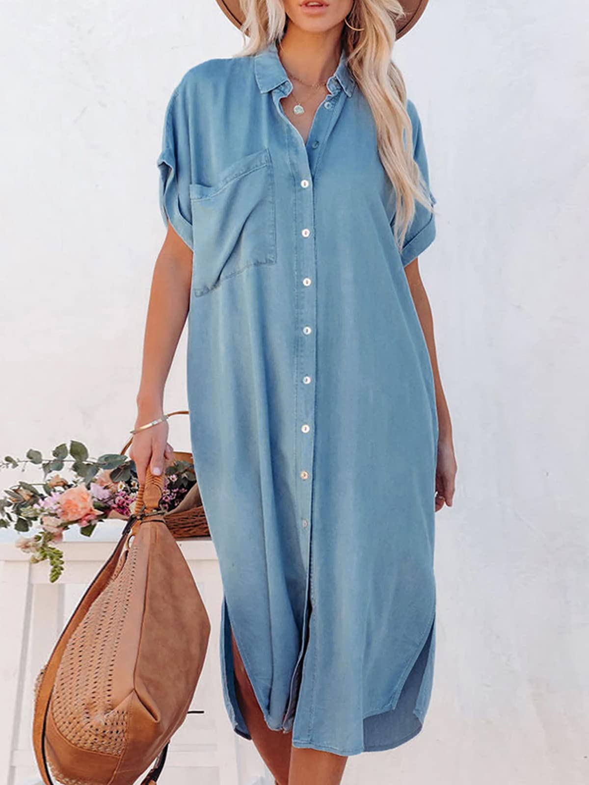 CUPSHE Femme Robe Casual Boutonné à Col de Chemise Manchon de Cloche Longue Shirt Robe Tunique Blouse