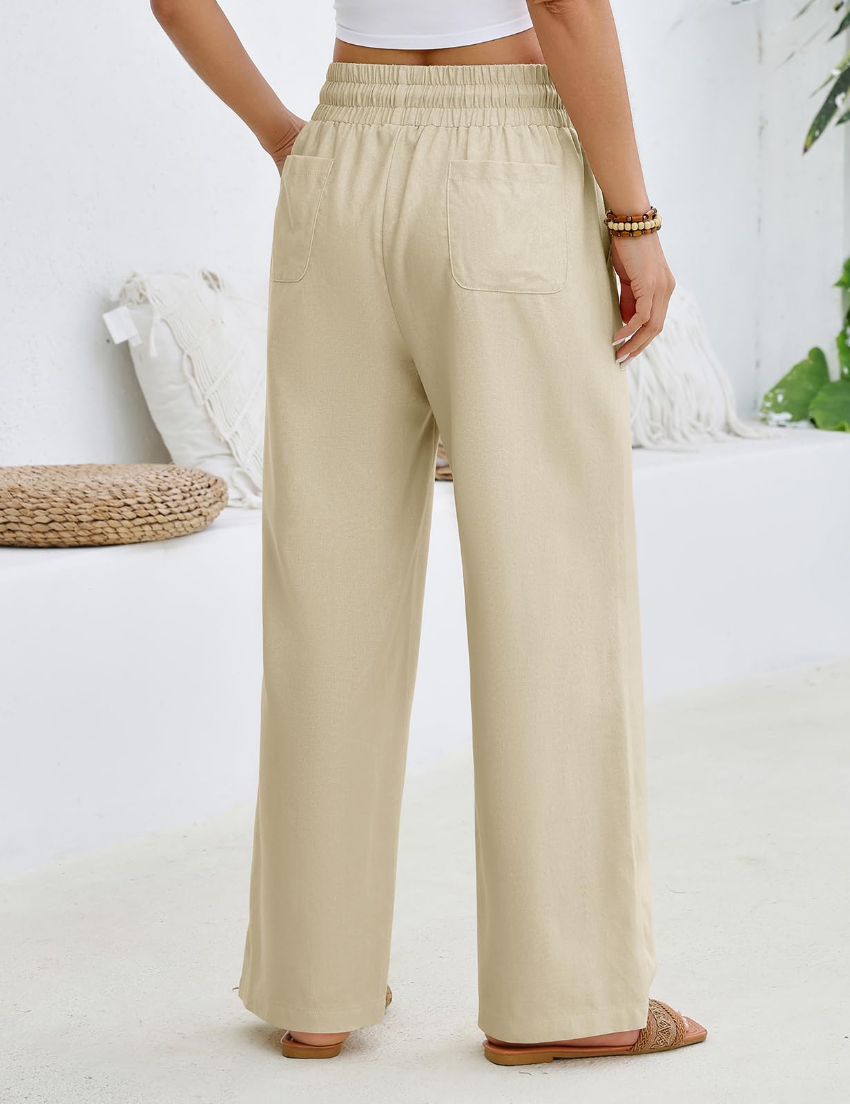 Pantalon Femme Fluide Été Pantalons Lin Taille Haute Elastique Pantacourt Léger Ample Jogging Décontractée Large avec Cordon de Serrage Longueur Pants Chic et Elegant avec Poches