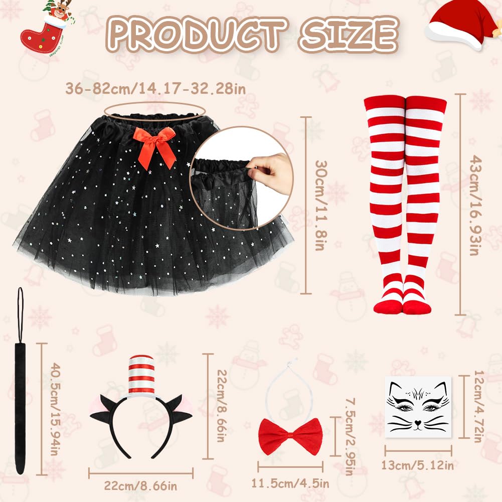 AUYAO Child Halloween Crazy Cat Fancy Dress Costume 6 Pcs Set including Cat Headband Red Bow Tie Black Skirt Red White Striped Socks Tattoo Patch Black Tail World Book Day Cat in the Hat Accessory - Image 2