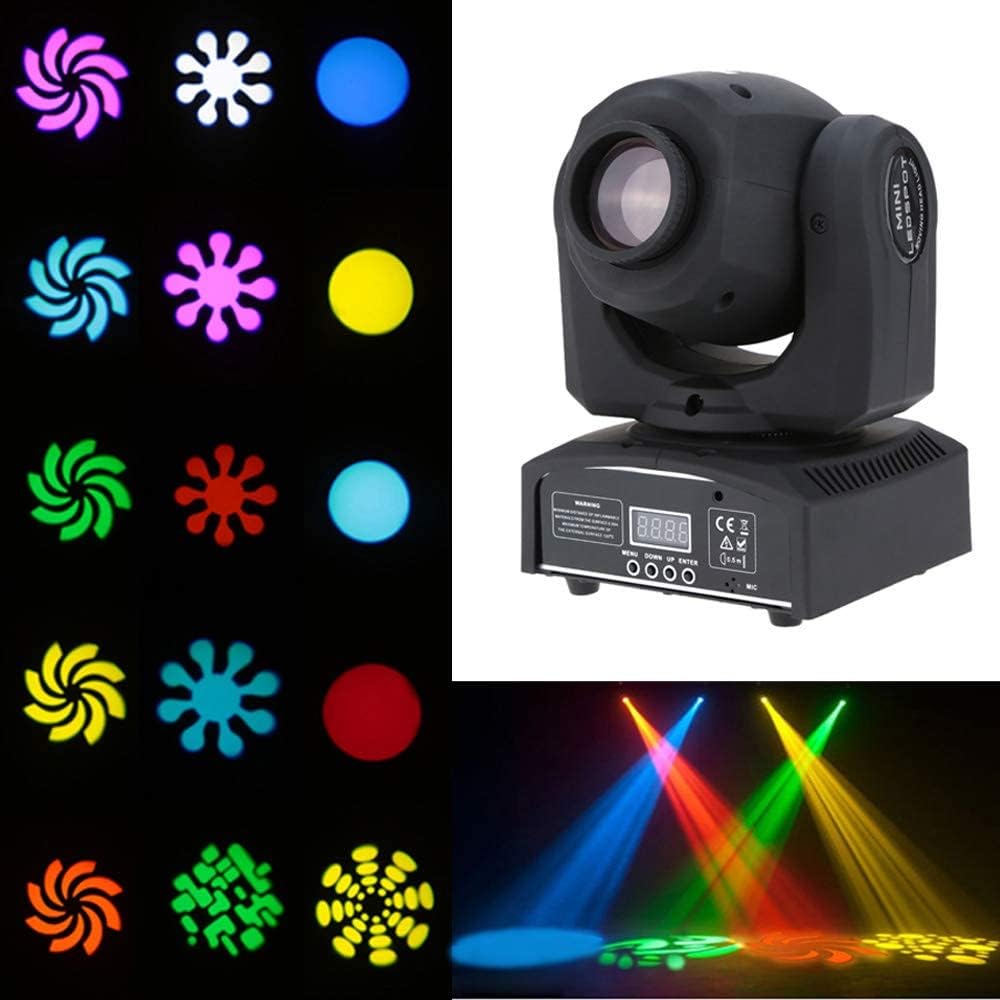 Collage showing various gobo patterns and colored light beams projected by the Lixada Mini Moving Head Light.