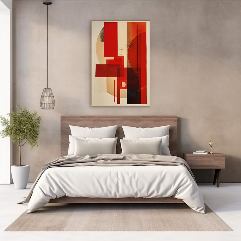 Canvas for Living room. Red Geometric Symphony in Beige � The Dance of Shapes and Colors, 27 x 18 inch Canvas Wall Art - Ready to Hang - 69x46 cm (27x18 inch)