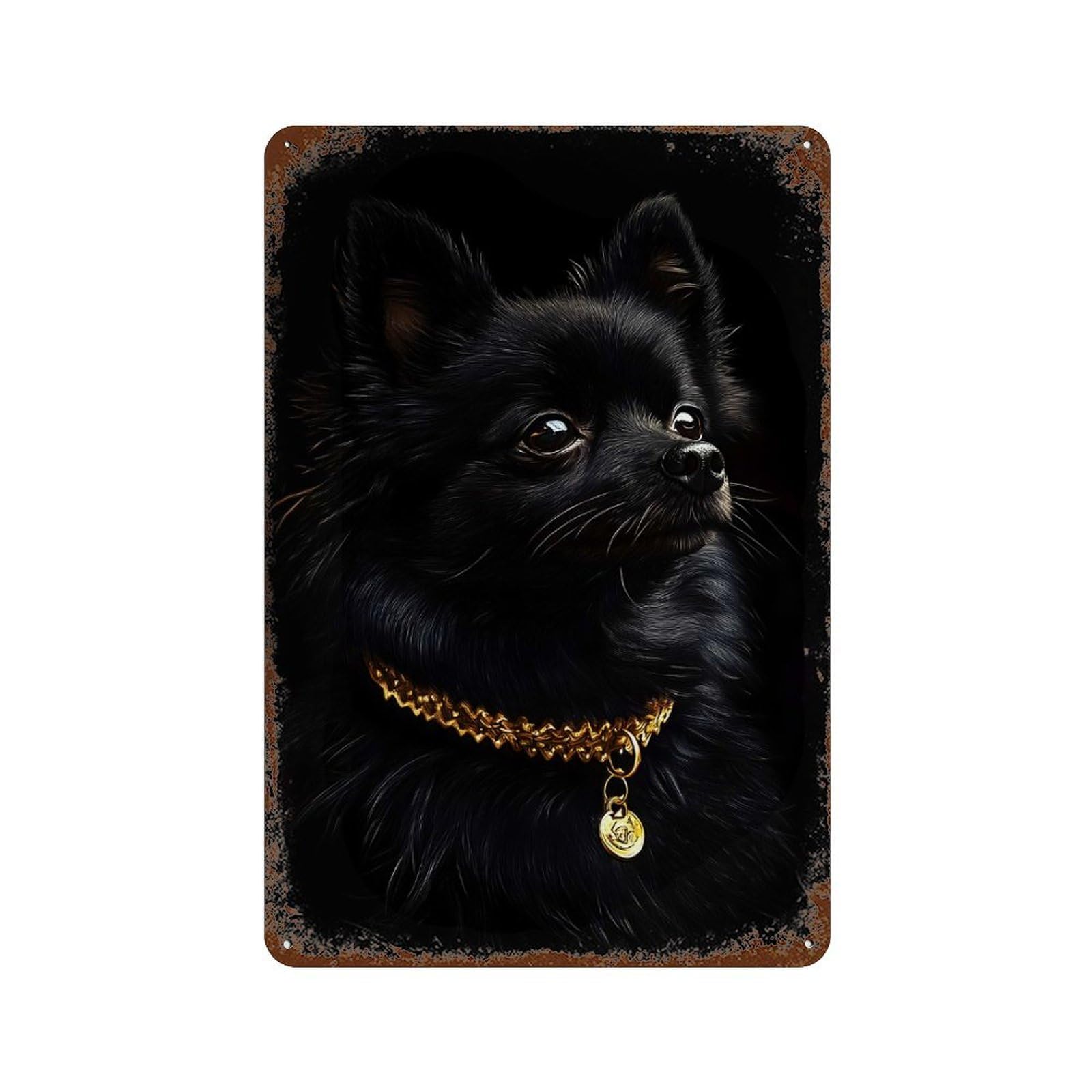 Black & Gold Pomeranian Rust Effect Tin Sign 11.8"x7.9", Decorative Metal Wall Art for Living Room, Hallway And Home Decor