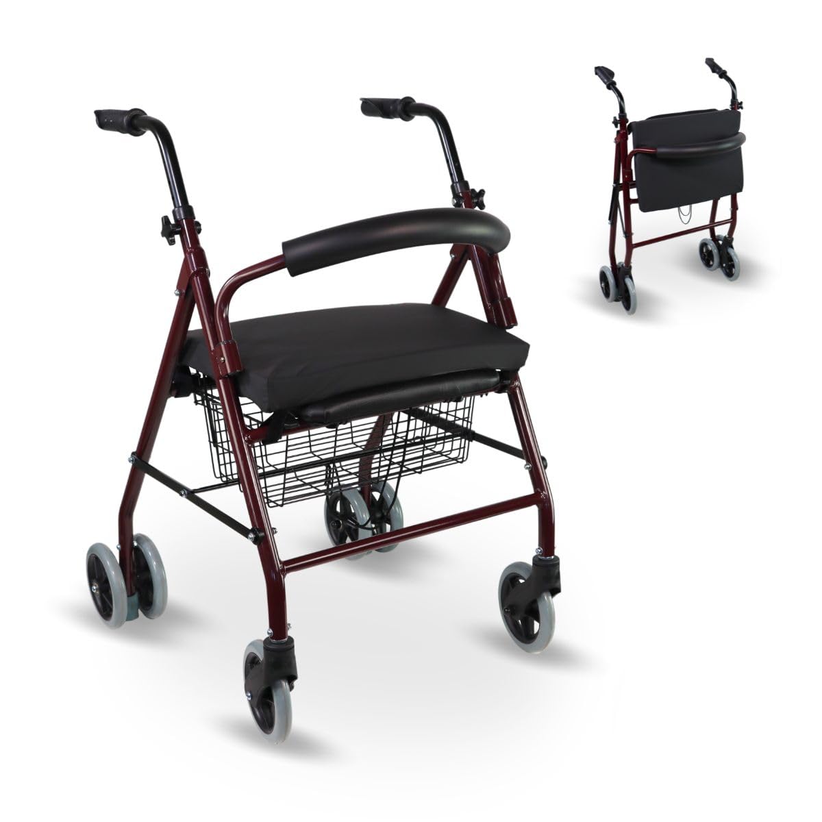 Mobiclinic, Deambulatore con cuscino in memory-foam, Prado plus freni a pressione, Alluminio, Pieghevole, Cesta, Seduta, Per, Girello anziani, Leggero, 4 ruote, Bordeaux