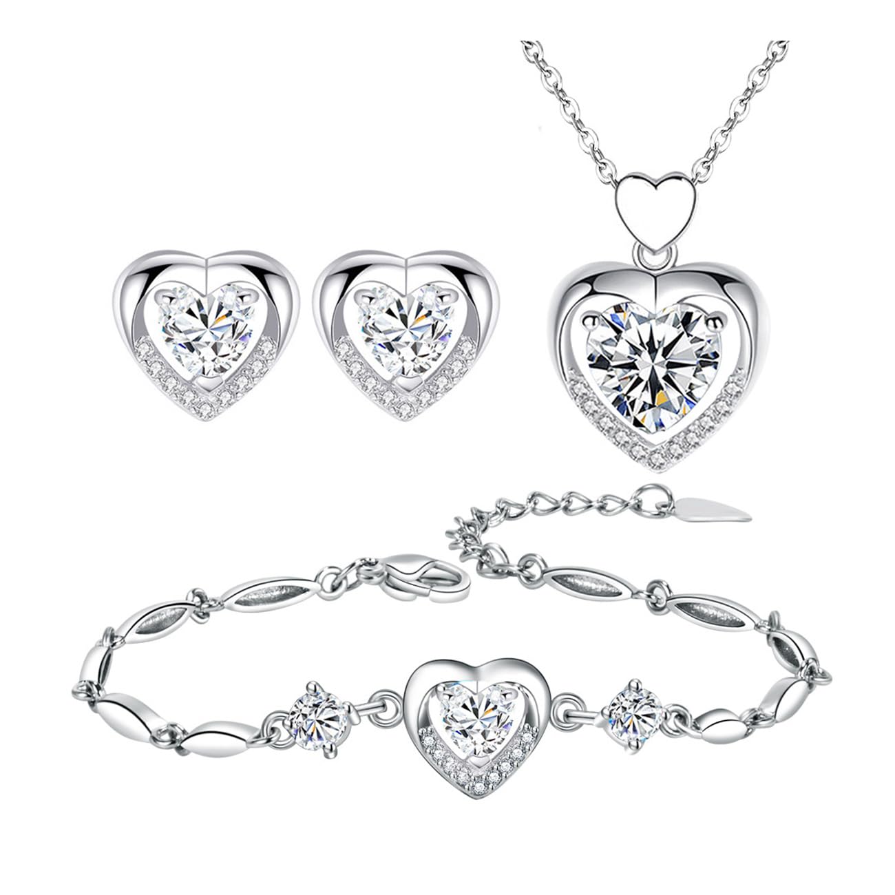 TOEECY Corazón Conjuntos de Joyas para Mujer y Niñas Cristal Colgante Collar Pendientes y Pulsera Cubic Zirconia Plata chapada 925 Fiesta Boda Nupcial Dama de Honor