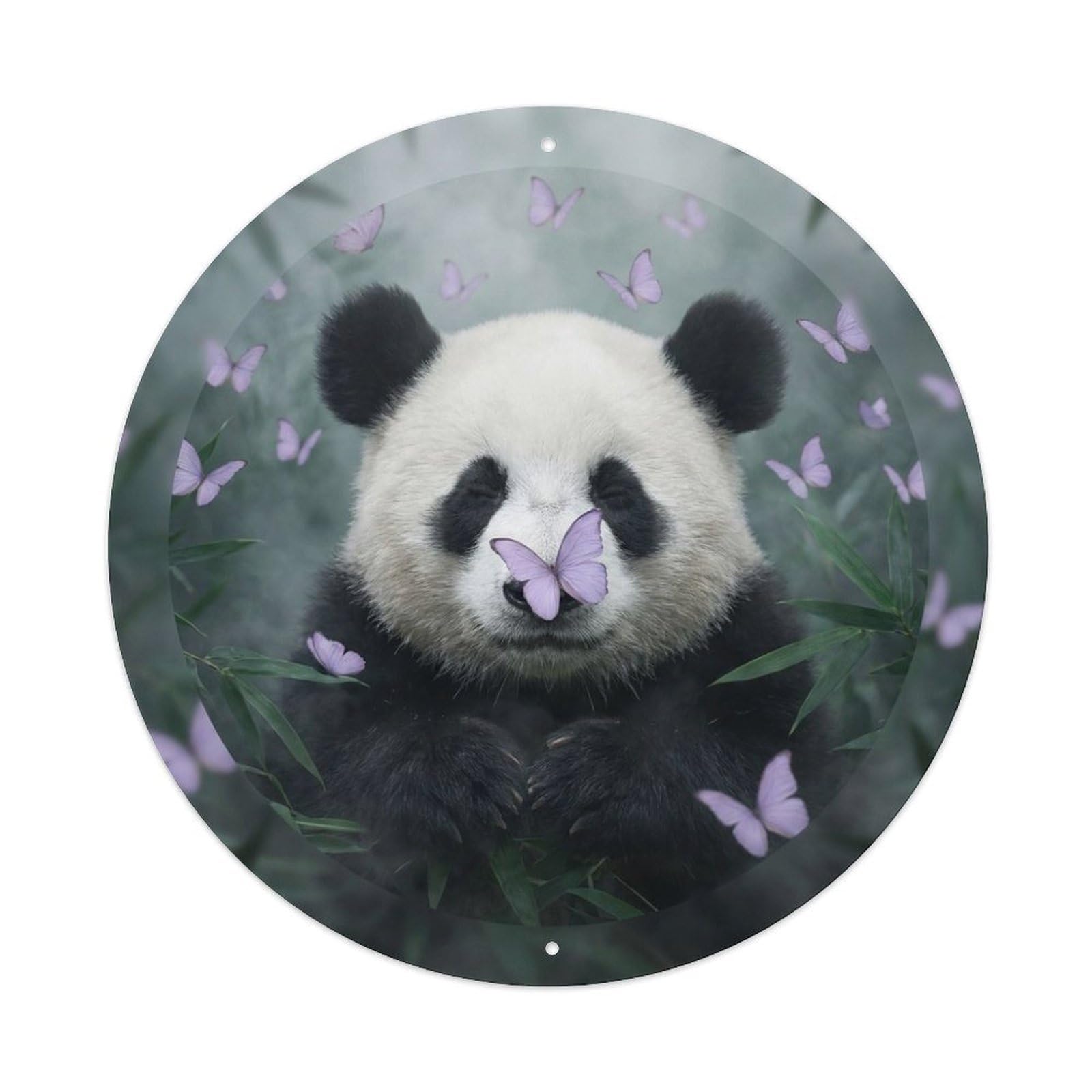Panda Cub Cute Wildlife Lavender Butterfly Bamboo Forest Metal Tin Sign Plaque Wall Decor for Cafe, Man Cave, Club Bar, Office, Home Garden Round Metal Poster 8x8Inch