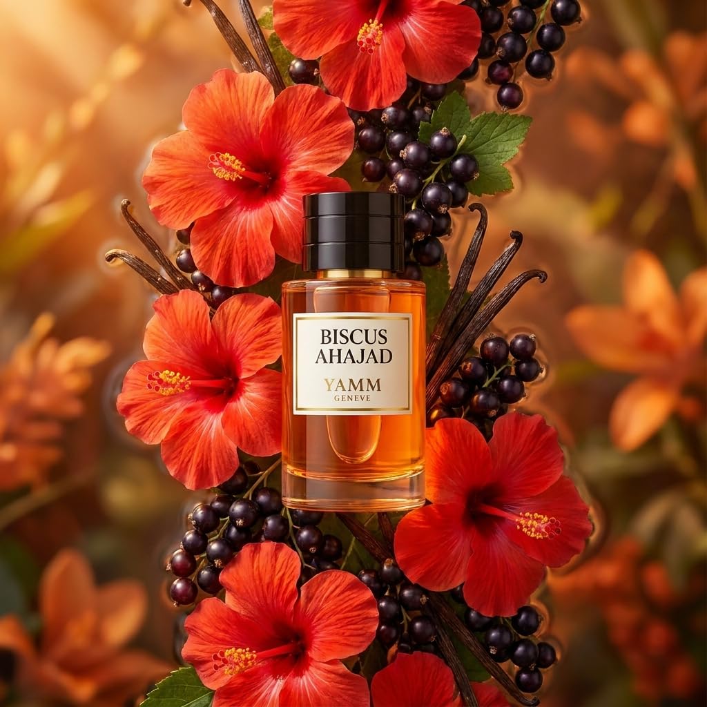 Biscus Ahajad – Extrait de Parfum – Hibiscus & Rose – 50 ml | Accord floral fruité, juteux et velouté, à la tenue durable, avec hibiscus, rose de Damas, cassis, vanille et cuir doux.