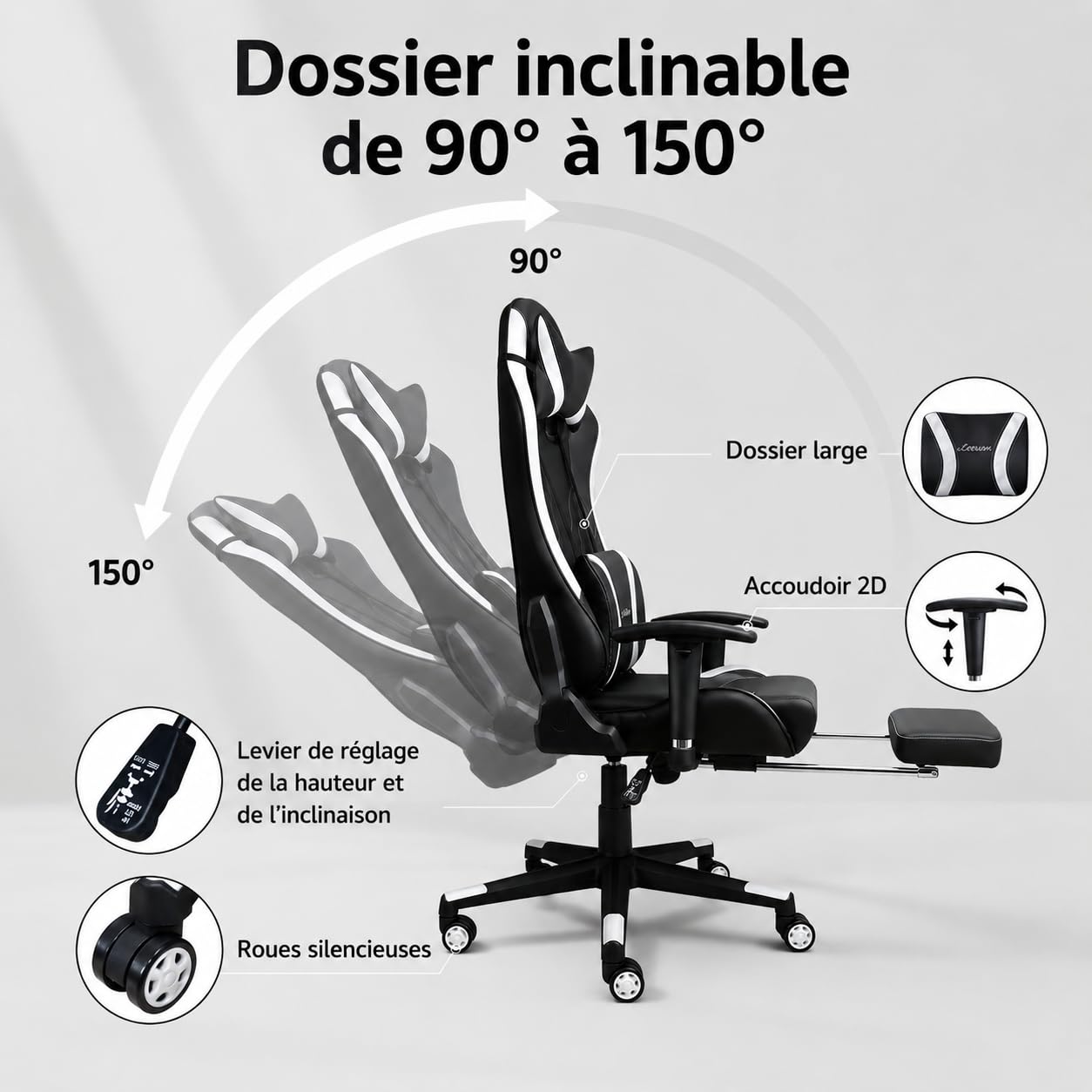 Chaise Gaming pour Adultes, Chaise Bureau Gaming, Chaise de Bureau Ergonomique avec Repose-Lombaire, Appuie-Tête, Repose-Pieds et Rotation 360° (Noir)