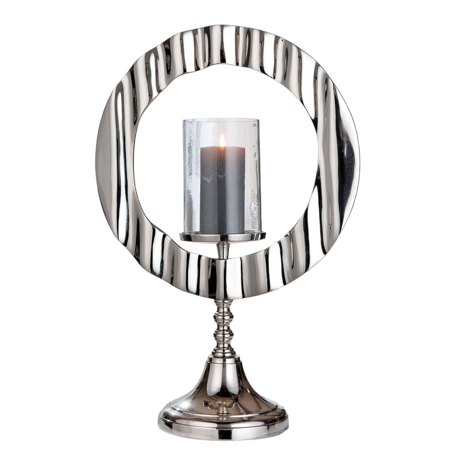 Casablanca Circulus Candlestick, Aluminium and Glass, Round, Glossy, Silver, Height 53 cm