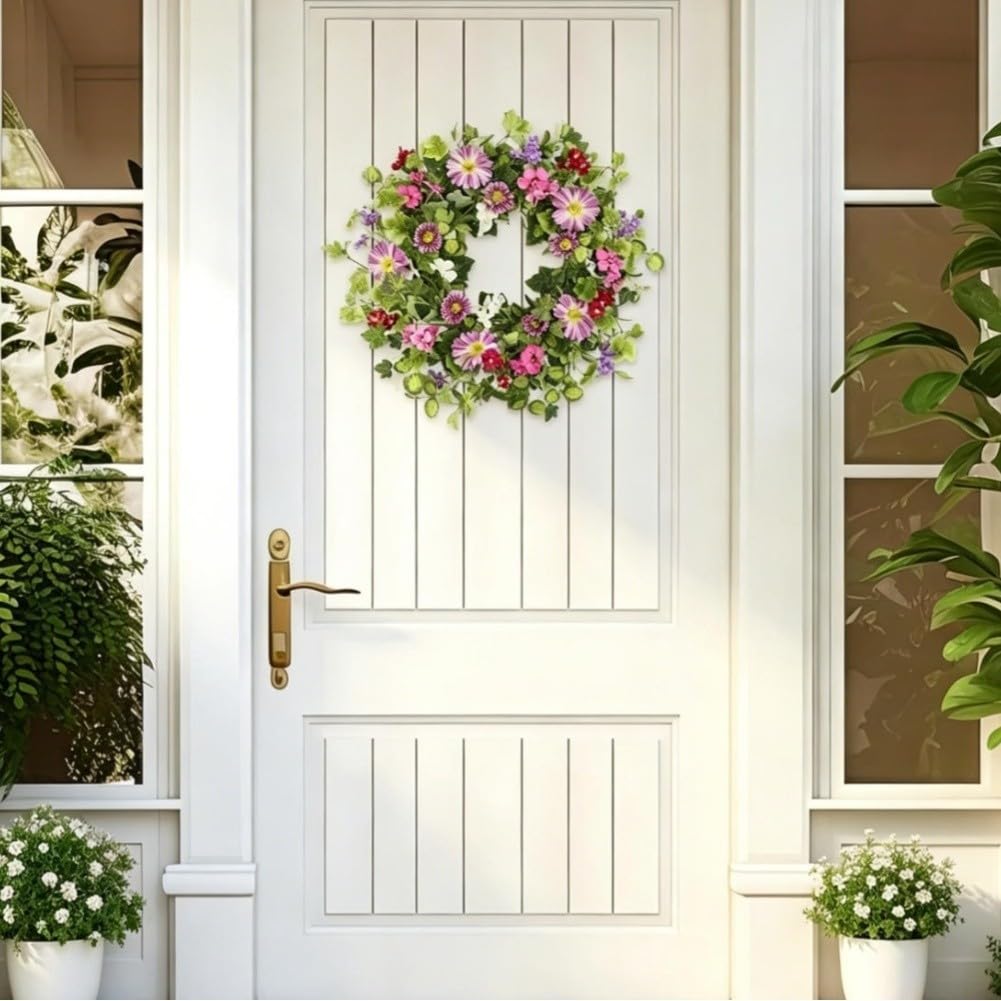 Decorazione da giardino a margherita, ghirlanda di eucalipto da 35 cm, foglie di eucalipto artificiali e viti, ornamento da appendere alla porta
