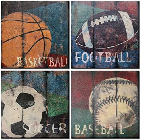 Natural art Soccer Football Sports Themed Canvas Room Baby Nursery Wall Decor Basketball Boys Gift, 12x12inx4pcs, Blue