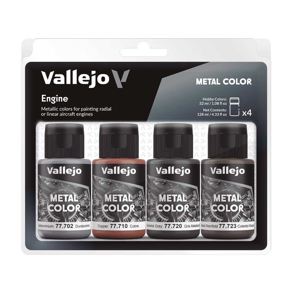 VallejoEngine Set | Metal Color | Faithfully Reproduce Different Metallic Finishes | Contains 4 Bottles x 32 ml (1.08 fl.oz.)