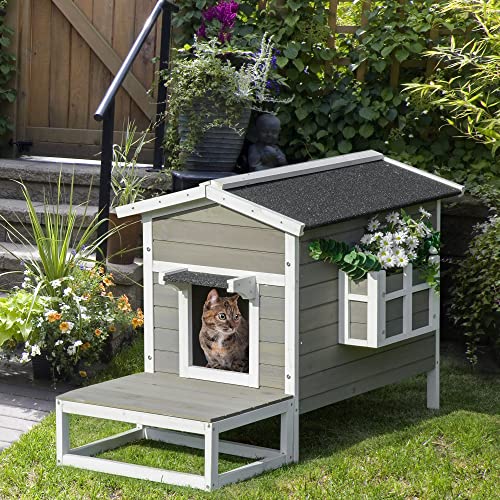 PawHut Wooden Cat House Outdoor with Door, Weatherproof 2-Floor Feral Cat Shelter with Asphalt Roof, Balcony, Dark Gray - Image 3