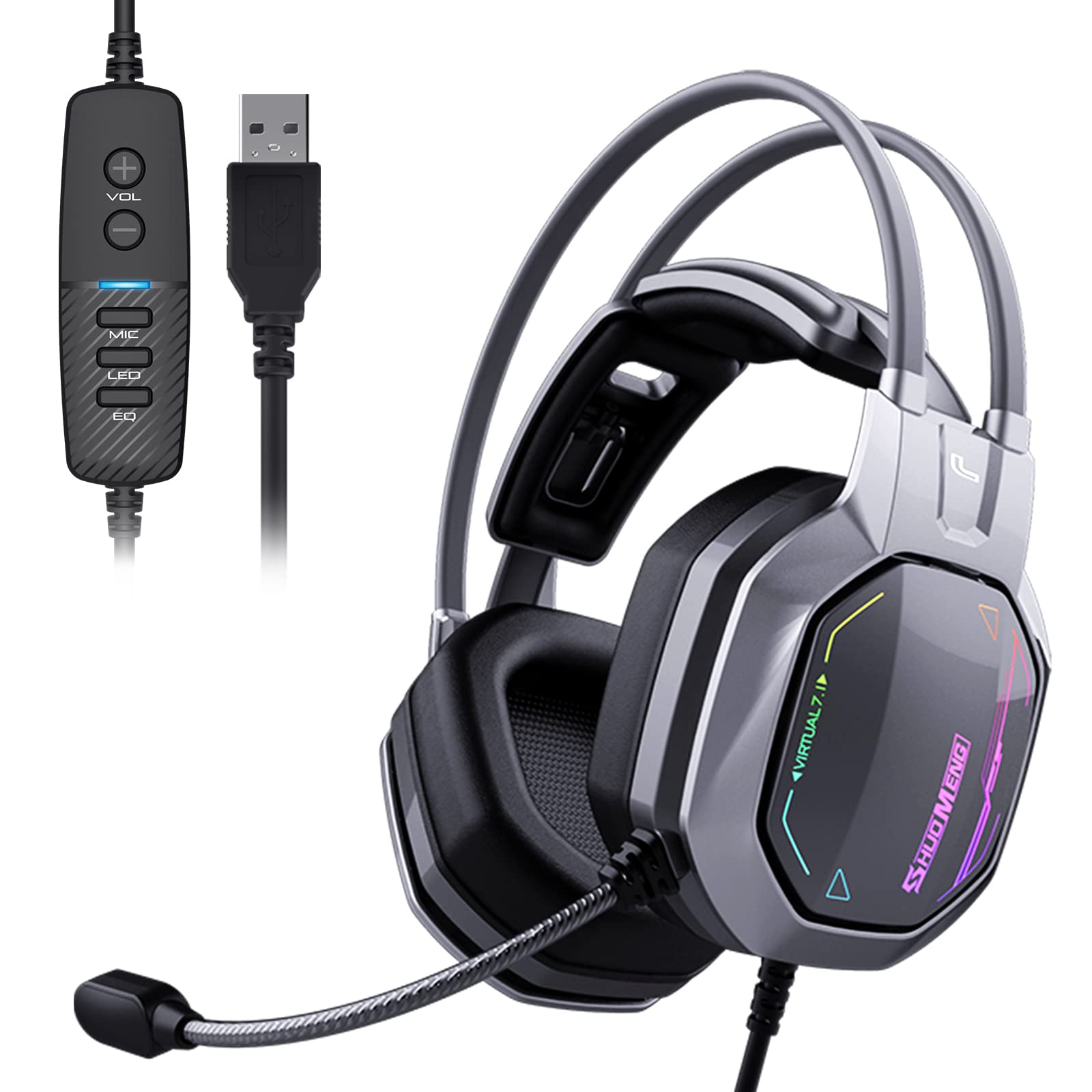 Shuomeng USB Pro Gaming Headset for PC - Computer Headphones with Microphone/Mic, SM-H2Pro 7.1 Surround Sound Wired Headset with LED RGB Light - Gaming Headphones for PS4/PS5,Console Laptop
