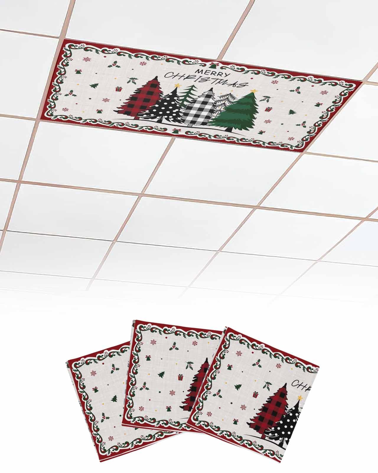 EwdeWwo Merry Christmas 3 Pcs Fluorescent Light Covers for Ceiling Lights, Xmas Tree Snowflake Linen Texture Magnetic Light Filters for Eliminate Harsh Glare Classroom Office Decoration, 4 x 2 Ft
