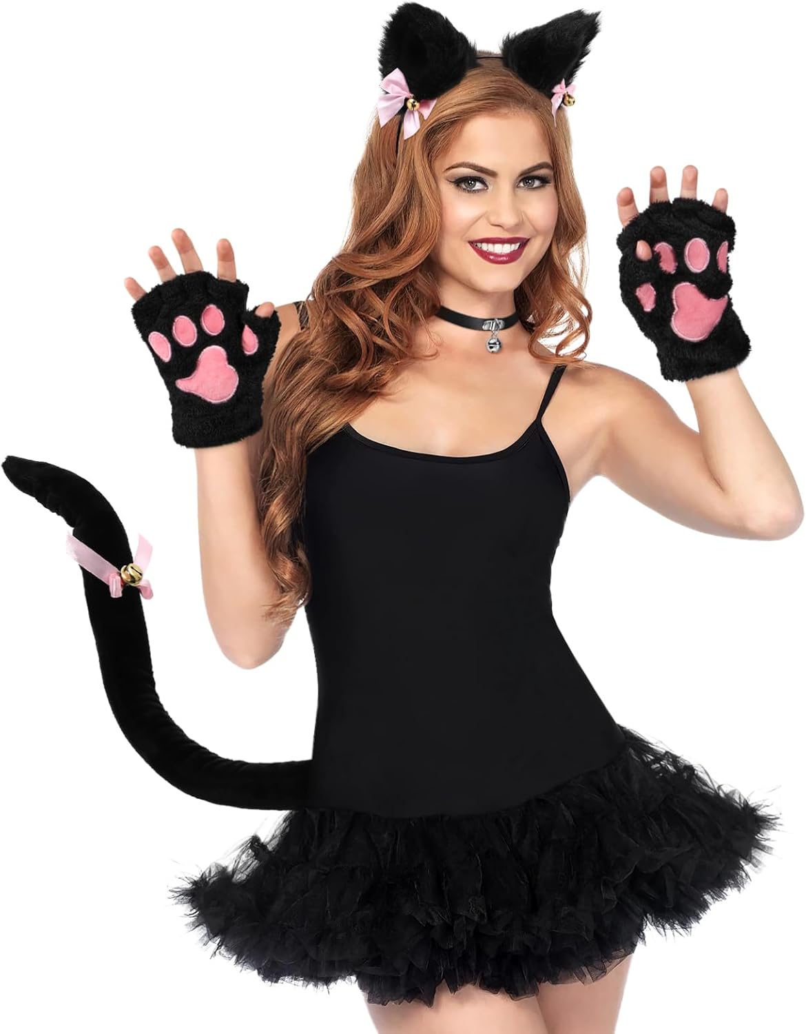 Cat Cosplay Costume Set, Cat Ears and Tail, Fox Ears and Tail，Faux Fur Fox Suit with Ears Headband Choker Tail and Paws Gloves, Cosplay Party Halloween Costume Accessories - Image 5