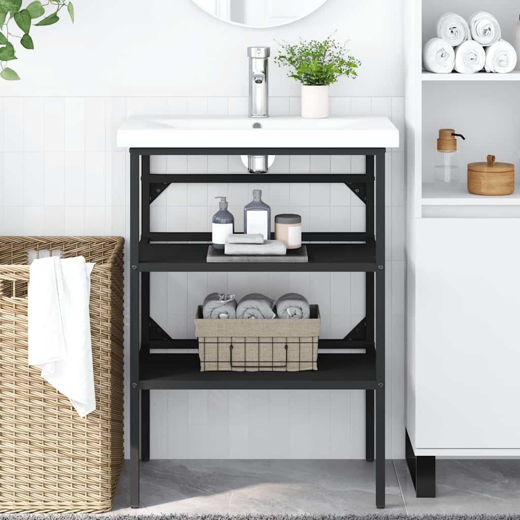 Waschtischgestell Schwarz 59×38×83 cm aus Eisen Pulverbeschichtet Modernes Offenes Design Robuste Badezimmer-Konsole mit Wandhalterung Für kleine Gäste-WC und enge Bäder